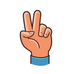 Victory sign, gesture. Two fingers raised up, peace, winning symbol or icon. Cartoon vector illustration