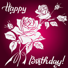 Happy Birthday lettering and rose on purple background