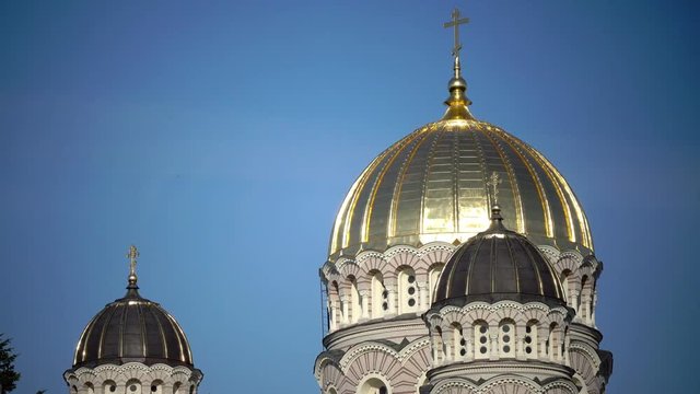 Nativity of Christ Cathedral, Riga, Latvia was built to design by Nikolai Chagin and Robert Pflug in a Neo-Byzantine style between 1876 and 1883, during period when country was part of Russian Empire,