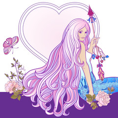 Young beautiful girl with long hair with arrow and roses. 