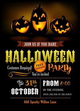 Halloween party invitation with scary pumpkins