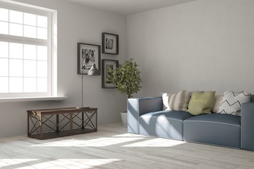 Idea of white minimalist room with sofa. Scandinavian interior design. 3D illustration