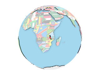 Malawi on globe isolated