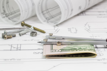 architectural background with plan, blueprint roll and drawing compass. architecture, housing,...