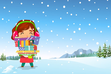 Fototapeta na wymiar Happy Girl Carrying Christmas Presents in the Snow
