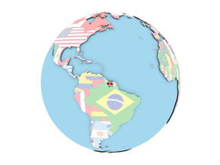 Suriname on globe isolated