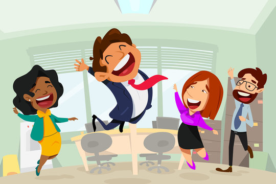 Happy Business People in Office Cartoon Illustration
