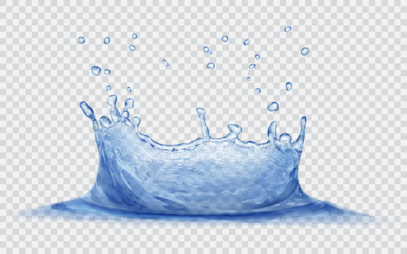 Transparent water crown with water drops. Splash of water in blue colors, isolated on transparent background. Transparency only in vector file