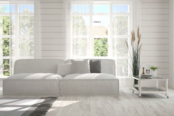 Idea of white room with sofa and summer landscape in window. Scandinavian interior design. 3D illustration
