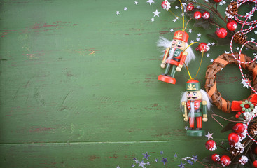 Vintage green wood Christmas holiday background