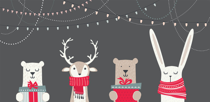 banner with cute winter animals with presents and scarfs. merry christmas and happy new year
