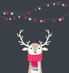 merry christmas card with cute dear wearing a winter scarf