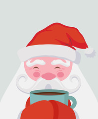 Santa drinking a hot drink at winter scenary. Vector christmas illustration