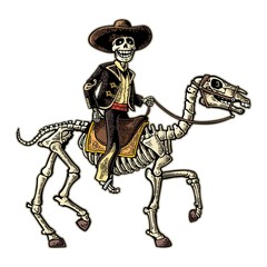 The rider in the Mexican man national costumes galloping on skeleton horse.