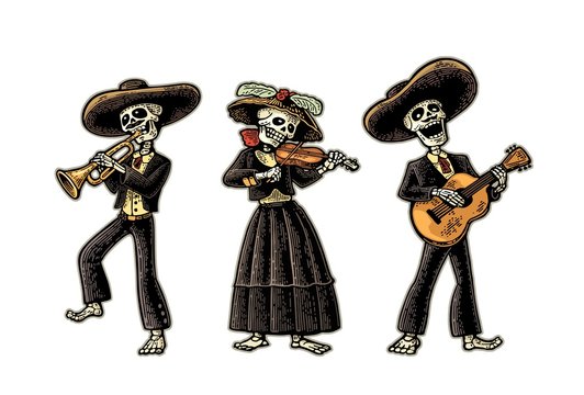 Dia de los Muertos. Skeleton in the Mexican national costumes