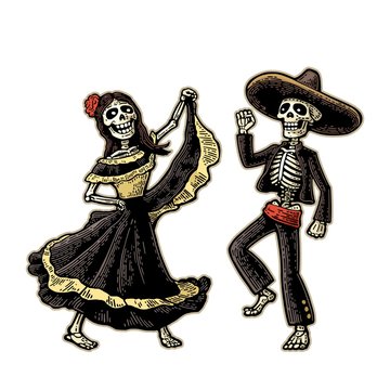 Day of the Dead, Dia de los Muertos . The skeleton in the Mexican national costumes dance, sing and play the guitar.