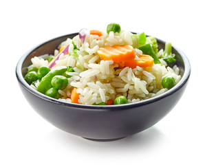 Bowl of boiled rice with vegetables