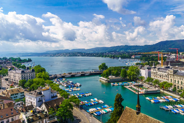 View on Zurich lake and Limat from Grossmunster in Zurich