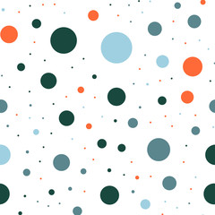 Colorful polka dots seamless pattern on white 26 background. Gorgeous classic colorful polka dots textile pattern. Seamless scattered confetti fall chaotic decor. Abstract vector illustration.