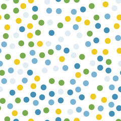 Colorful polka dots seamless pattern on black 12 background. Symmetrical classic colorful polka dots textile pattern. Seamless scattered confetti fall chaotic decor. Abstract vector illustration.