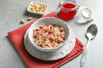Dessert with quinoa and berries on table