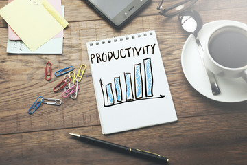 productivity word on paper with stationary