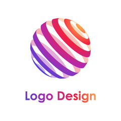 Colorful bright logotype illustration with 3d style striped globe icon isolated on white background.