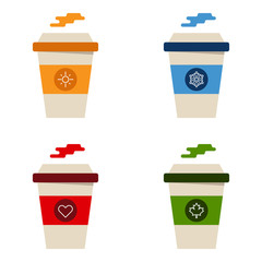 Flat lay design paper cartboard cups with different season symbols and colors. Takeaway hot drink cups in winter, summer, nature and love design.