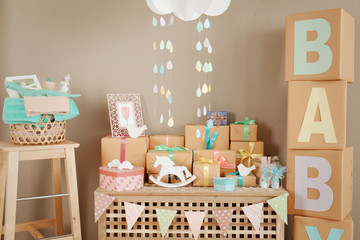 Fototapeta Gifts and decorations for baby shower indoors obraz