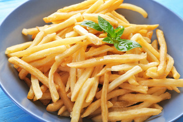 Plate with yummy french fries, closeup
