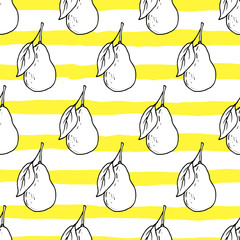 Fresh pear hand drawn vector seamless pattern. Kids background, yellow horizontal stripes for fabric textile, design greeting cards, wrapping paper. Vegan fruits market. Autumn harvest. Tropical style