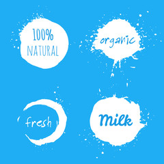 Set of milk splash labels. Organic fresh natural design template, healthy food stamp, tag for cafe, market, package. Hand drawn lettering card, watercolor ink dry brush stroke. Vector logo or sign.