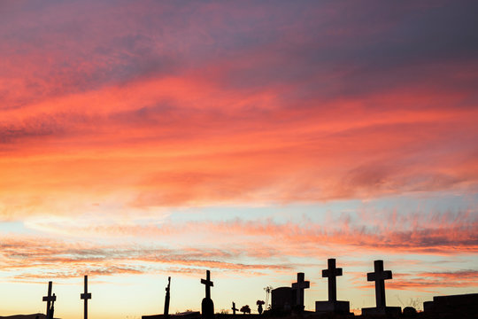 Beautiful sunset view from a hilltop cemetery