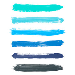 Set of turquoise blue, indigo, black vector watercolor hand painted gradient stripes isolated on white background. Collection of acrylic dry brush stains, strokes, geometric horizontal lines.