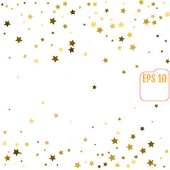 Abstract pattern of random falling gold stars on white background. Glitter template for banner, greeting card, Christmas and New Year card, invitation, postcard, paper packaging. Vector illustration