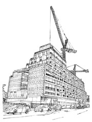 Downtown construction sites. Town real estate idea flyer illustration. Cityscape sketch. Architecture new building condo construction. Vector.