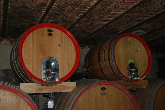 Barrels in a wine cellar