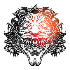 Scary cartoon clown illustration. Blackwork adult flesh tattoo concept. Horror movie zombie clown face character. Vector.