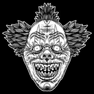 Evil scary clown monster with big nose and sharp teeth. Blackwork adult flesh tattoo concept. Horror cartoon illustration isolated on black background. Laughing angry insane joker head. Vector.