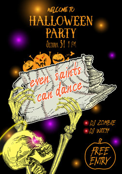 Halloween Party Poster. Hand drawn invitation greeting card for Halloween holidays with handwritten words and phrases calligraphy greetings. Even saints can dance. Vector.