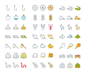 Set Vector Flat Line Icons Mushrooming, Fishing and Hunting
