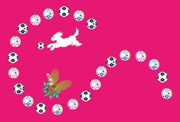 白い犬とサッカーボールのピンクのポストカード