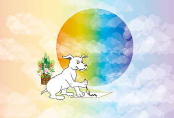 書き初めをする白い犬と日の出の和風グリーティングカード