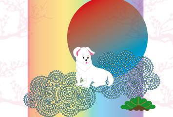 白い犬と日の出の和風グリーティングカード