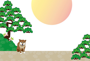 柴犬と松の木と日の出の和風ポストカード