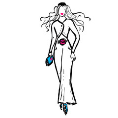Female model in jacket and trousers. Jacket bolero,colorful accessories. Black hat, clutch, fuchsia belt as flower, blue shoes. Fashion freehand sketch for prints, posters, articles, magazines, poster