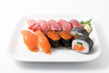 salmon sushi set on plate 