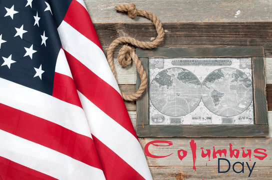 Happy Columbus Day. US flag. Map of the American continent