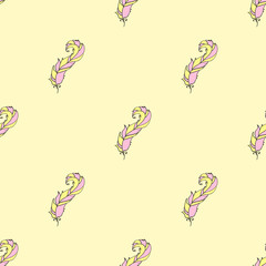Seamless multicolored pattern. Hand drawn feather with abstract patterns. Abstract geometric feather. Pastel colors