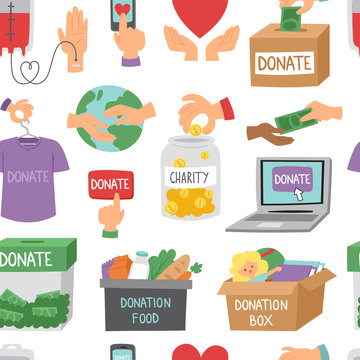 Donate money set outline icons help symbols donation humanity support vector seamless pattern background